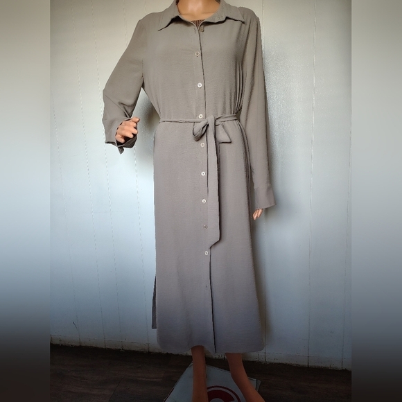 Dkny Dresses & Skirts - DKNY Beige Button Front Collared  Long Roll Tap Sleeve Woven Shirt Dress Size 14